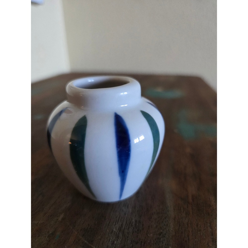 Vintage Enesco Miniature Porcelain Bud Vase Blue Teal Striped White 2 Inch